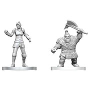 D&D Nolzur's Marvelous Miniatures: Cultist of Bane & Dwarf Zhentilar Soldier - Unpainted Dungeons & Dragons miniatures of armored cultist with helmet and raised fist and stout dwarf warrior wielding.