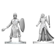 D&D Nolzur's Marvelous Miniatures: Black Gauntlet & Zhentilar Paladin of Bane - Two unpainted plastic D&D miniatures, one armored knight with shield and mace, other robed paladin with sword and flowing.