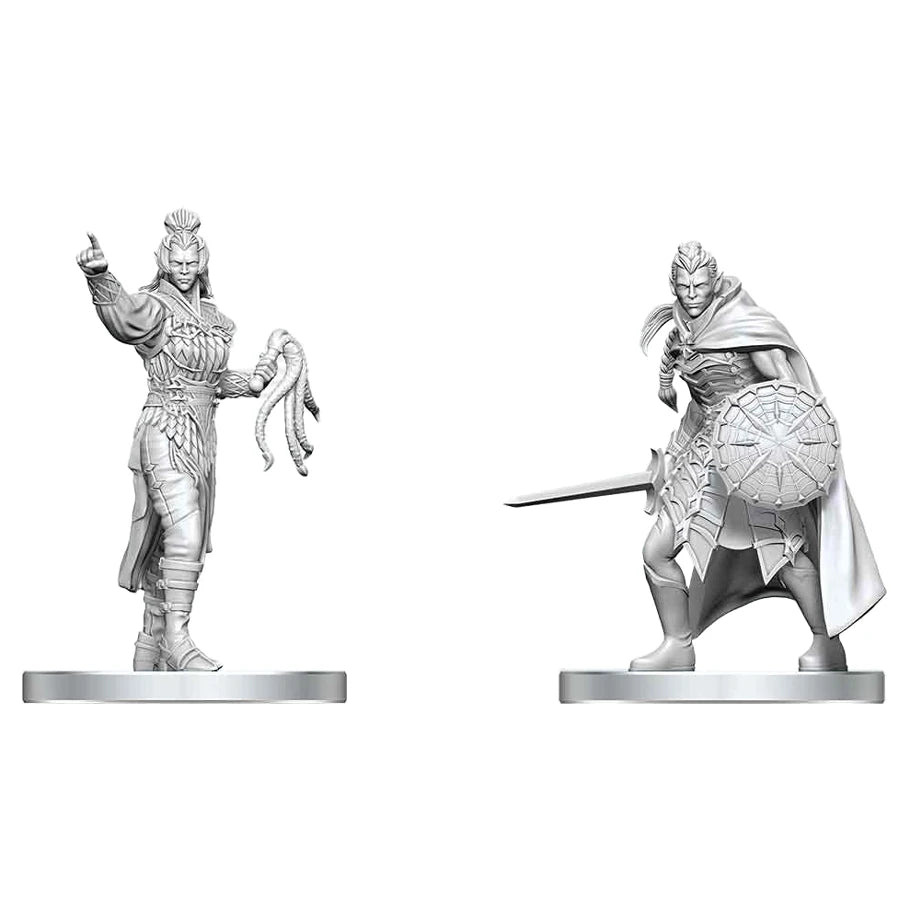D&D Nolzur's Marvelous Miniatures: Drow Elite Warrior & Drow Priestess of Lolth - Unpainted gray plastic miniatures of a Drow Elite Warrior with sword and shield, and a Drow Priestess in ornate armor.