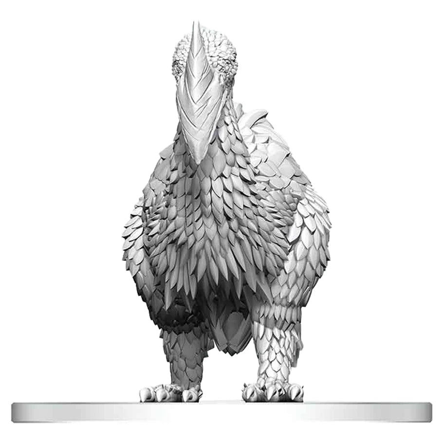 D&D Nolzur's Marvelous Miniatures: Axe Beak - Unpainted detailed miniature of a fierce bird-like creature with layered feathers and large beak on round base.