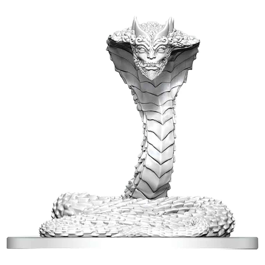 D&D Nolzur's Marvelous Miniatures: Guardian Naga - Unpainted white plastic miniature of a coiled naga with layered scales and a detailed, menacing face with horns.