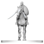 D&D Nolzur's Marvelous Miniatures: Nimblewright Steed with Rider - Unpainted gray plastic miniature of armored rider with sword and shield mounted on mechanical horse with detailed plating.