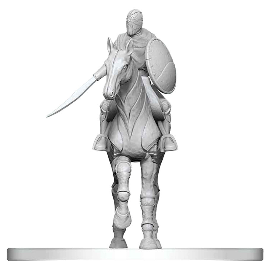 D&D Nolzur's Marvelous Miniatures: Nimblewright Steed with Rider - Unpainted gray plastic miniature of armored rider with sword and shield mounted on mechanical horse with detailed plating.