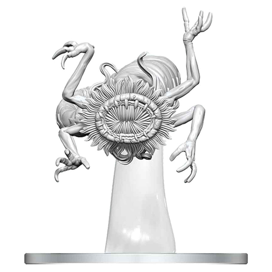 D&D Nolzur's Marvelous Miniatures: Phaerimm Agent - Unpainted gray plastic miniature of a four-armed monster with clawed hands and a circular mouth filled with teeth.