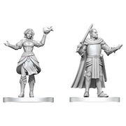 D&D Nolzur's Marvelous Miniatures: Knight & Mage Apprentice - Unpainted gray plastic miniatures of a female mage casting a spell and a male knight holding a sword and wearing a cape.