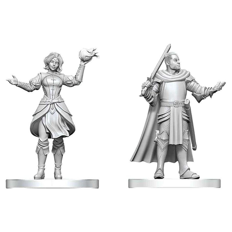 D&D Nolzur's Marvelous Miniatures: Knight & Mage Apprentice - Unpainted gray plastic miniatures of a female mage casting a spell and a male knight holding a sword and wearing a cape.