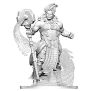 D&D Nolzur's Marvelous Miniatures: Dao - Unpainted gray plastic miniature of a muscular giant wielding a large hammer with swirling magical energy at his feet.