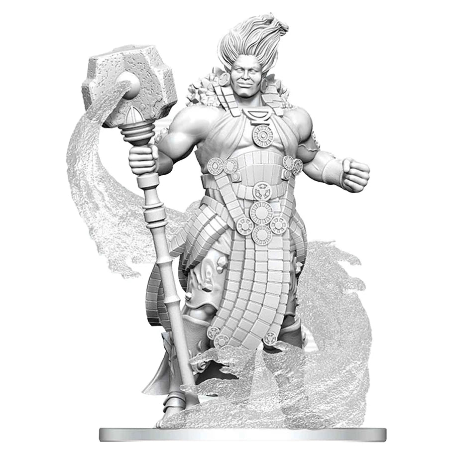 D&D Nolzur's Marvelous Miniatures: Dao - Unpainted gray plastic miniature of a muscular giant wielding a large hammer with swirling magical energy at his feet.