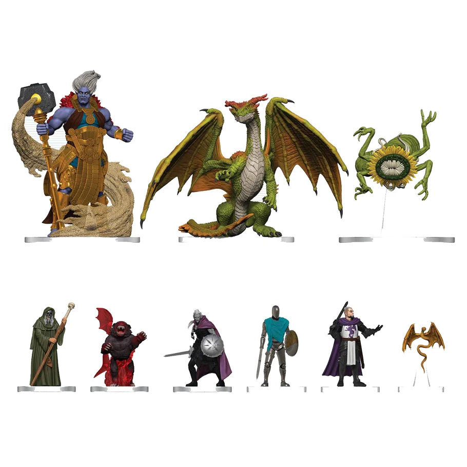 D&D: Icons of the Realms: Adventure in Faerun: Pre-Painted Miniatures - Nine pre-painted D&D miniatures featuring a dragon with green wings, a winged green creature, and seven fantasy characters.