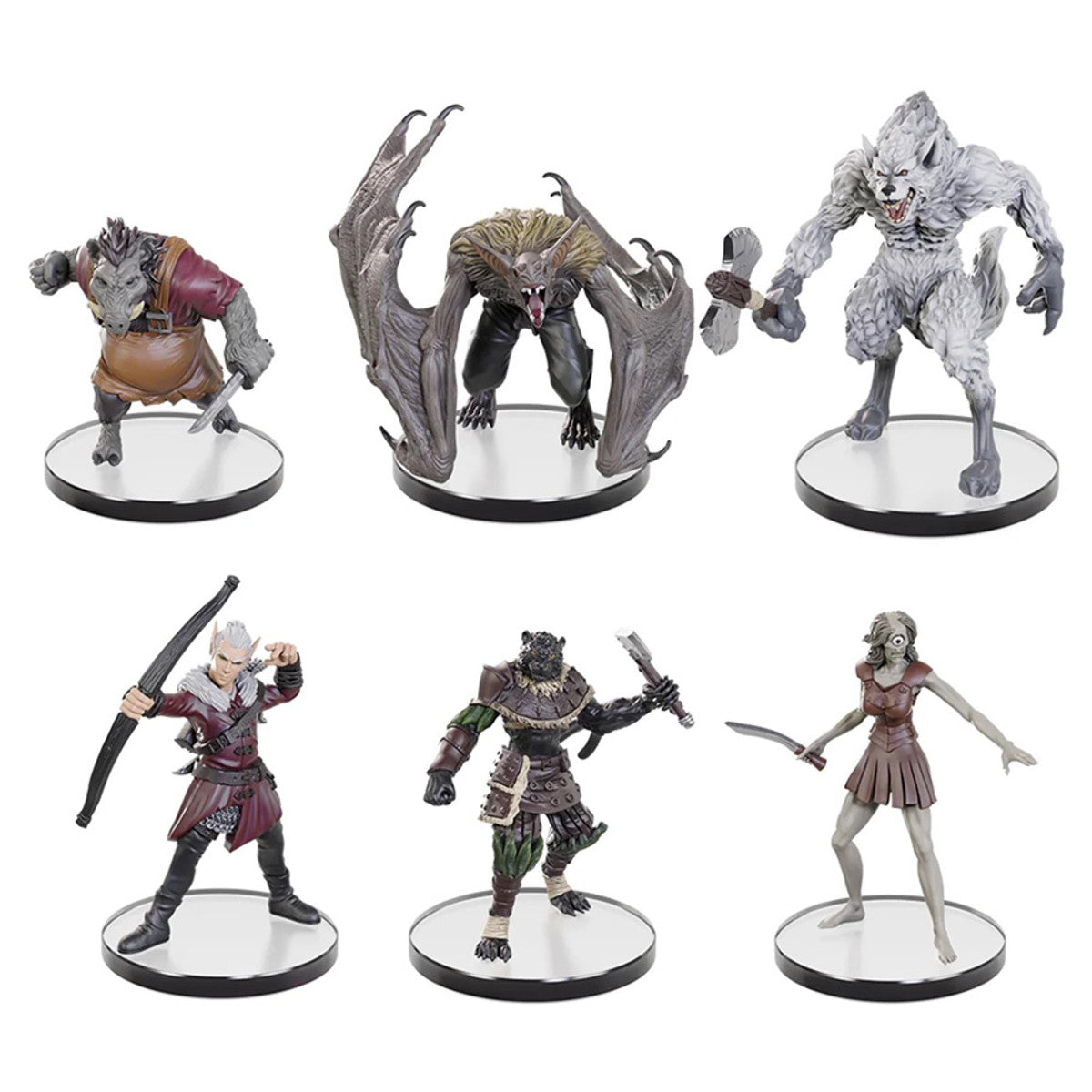 Pathfinder Battles: Forest Stalkers - Six painted fantasy miniatures featuring a centaur, winged demon, white furred beast, armored warrior with sword,.