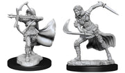 D&D Nolzur's Marvelous Minis: Air Genasi Female - One draws a bow with cloak flowing, the other wields a curved sword in a dynamic battle stance.