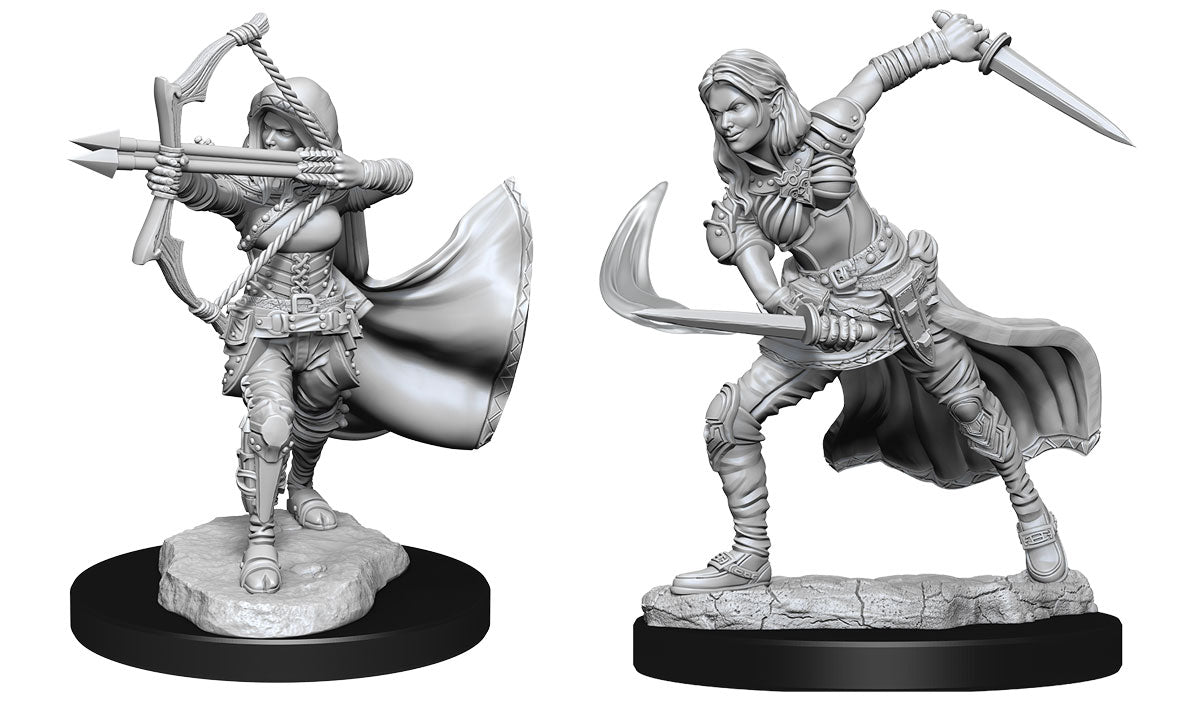 D&D Nolzur's Marvelous Minis: Air Genasi Female - One draws a bow with cloak flowing, the other wields a curved sword in a dynamic battle stance.