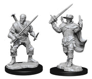 D&D Nolzur's Marvelous Minis: Human Bard Male - Two unpainted gray plastic miniatures of male human bards; one with beard holding sword and dagger, the other with.
