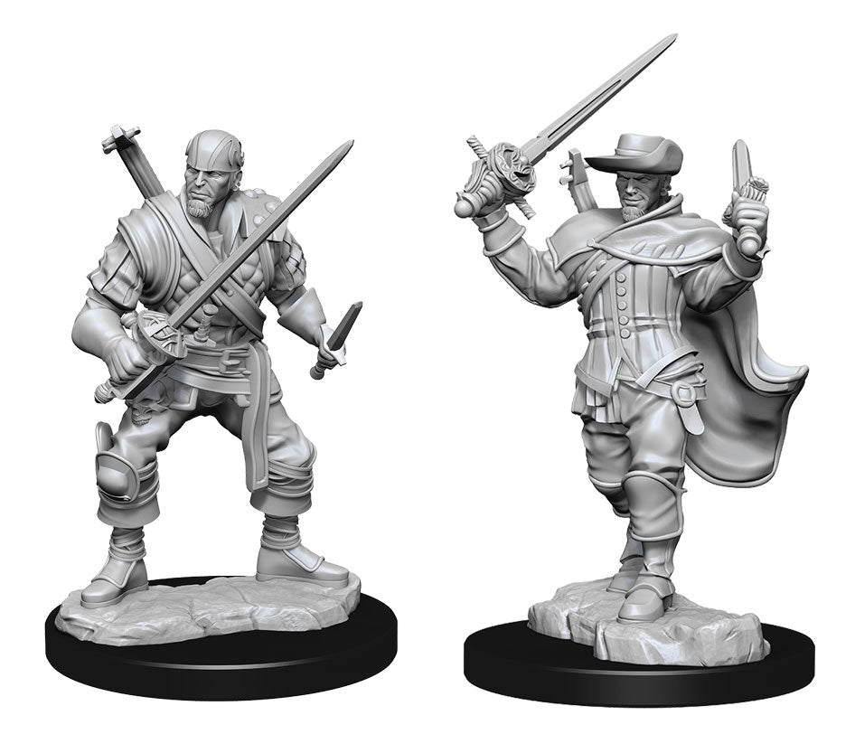 D&D Nolzur's Marvelous Minis: Human Bard Male - Two unpainted gray plastic miniatures of male human bards; one with beard holding sword and dagger, the other with.