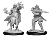 D&D Nolzur's Marvelous Miniatures: Hobgoblin Fighter Male & Wizard Female - Unpainted gray plastic miniatures of a cloaked male wizard with a flaming staff and a male hobgoblin fighter wielding a.