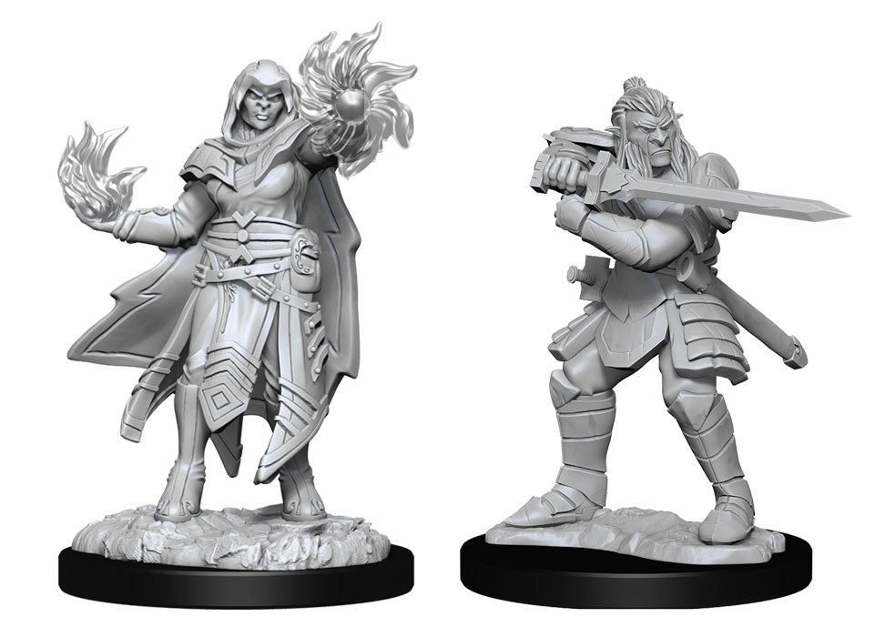 D&D Nolzur's Marvelous Miniatures: Hobgoblin Fighter Male & Wizard Female - Unpainted gray plastic miniatures of a cloaked male wizard with a flaming staff and a male hobgoblin fighter wielding a.