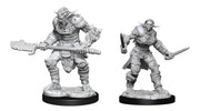 D&D Nolzur's Marvelous Miniatures: Bugbear Barbarian Male & Rogue Female - Two unpainted gray plastic fantasy miniature figures including a muscular bugbear barbarian wielding a large club and a.