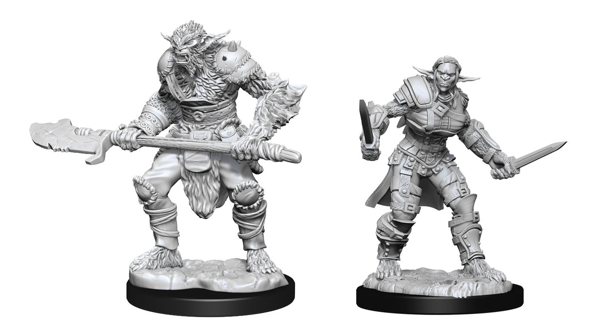 D&D Nolzur's Marvelous Miniatures: Bugbear Barbarian Male & Rogue Female - Two unpainted gray plastic fantasy miniature figures including a muscular bugbear barbarian wielding a large club and a.