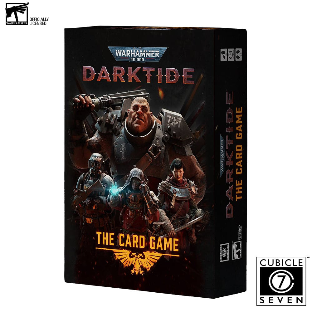 Warhammer 40k: Darktide The Card Game - Black rectangular box featuring four armored characters in battle poses and bold red and yellow text reading Darktide The.