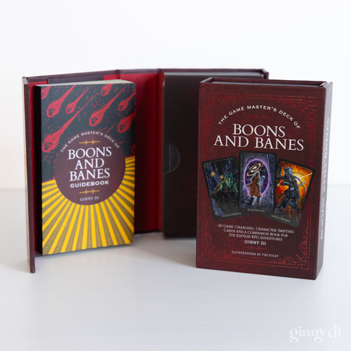 Game Master's Deck of Boons and Banes - Game Master's Deck of Boons and Banes set with a red and gold illustrated guidebook and matching box featuring tarot-style.