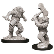 D&D Nolzur's Marvelous Miniatures: Wereboar & Werebear - Unpainted gray resin miniatures of a snarling wereboar warrior with armor and hammer, and a muscular werebear wielding a.