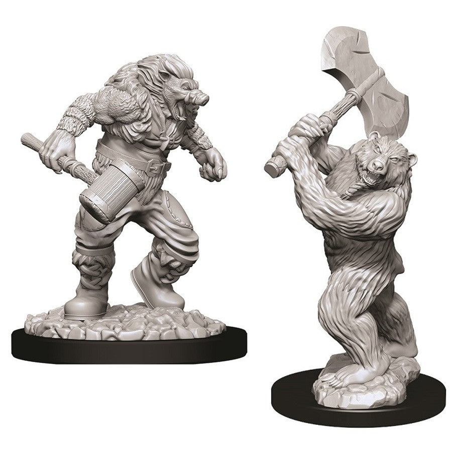 D&D Nolzur's Marvelous Miniatures: Wereboar & Werebear - Unpainted gray resin miniatures of a snarling wereboar warrior with armor and hammer, and a muscular werebear wielding a.
