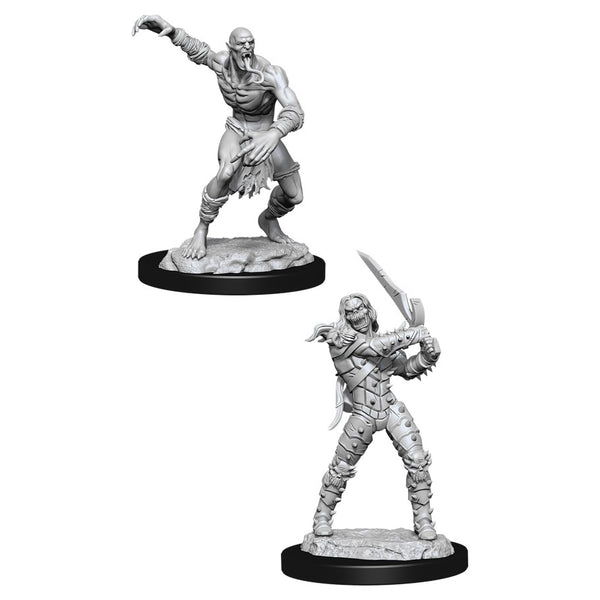 D&D Nolzur's Marvelous Miniatures: Wight & Ghast - Two unpainted gray plastic miniatures on round bases; one depicts an undead wight wielding a sword, the other a ghast in a.