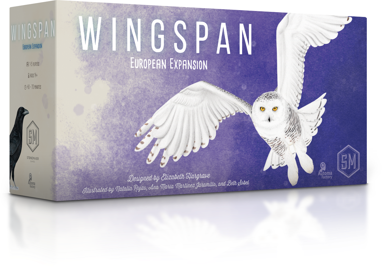 Wingspan: European Expansion - Purple and white box for Wingspan European Expansion board game featuring an illustrated snowy owl in flight on the front.
