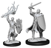 D&D Nolzur's Marvelous Minis: Half-Elf Paladin Male - Gray plastic miniatures of a male half-elf paladin holding a sword and shield, one casting a spell with branch-like energy,.