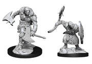 D&D Nolzur's Marvelous Minis: Warforged Barbarian - Unpainted gray plastic Warforged Barbarian miniatures, one with axe raised and shield, detailed armor and muscular build on.