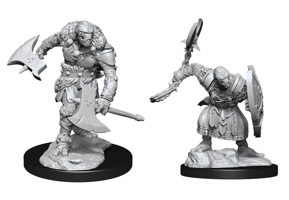 D&D Nolzur's Marvelous Minis: Warforged Barbarian - Unpainted gray plastic Warforged Barbarian miniatures, one with axe raised and shield, detailed armor and muscular build on.