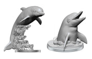 WizKids Deep Cuts Miniatures: Dolphins - Two gray plastic dolphin miniatures, one leaping with water splash base, the other sitting upright on round base.