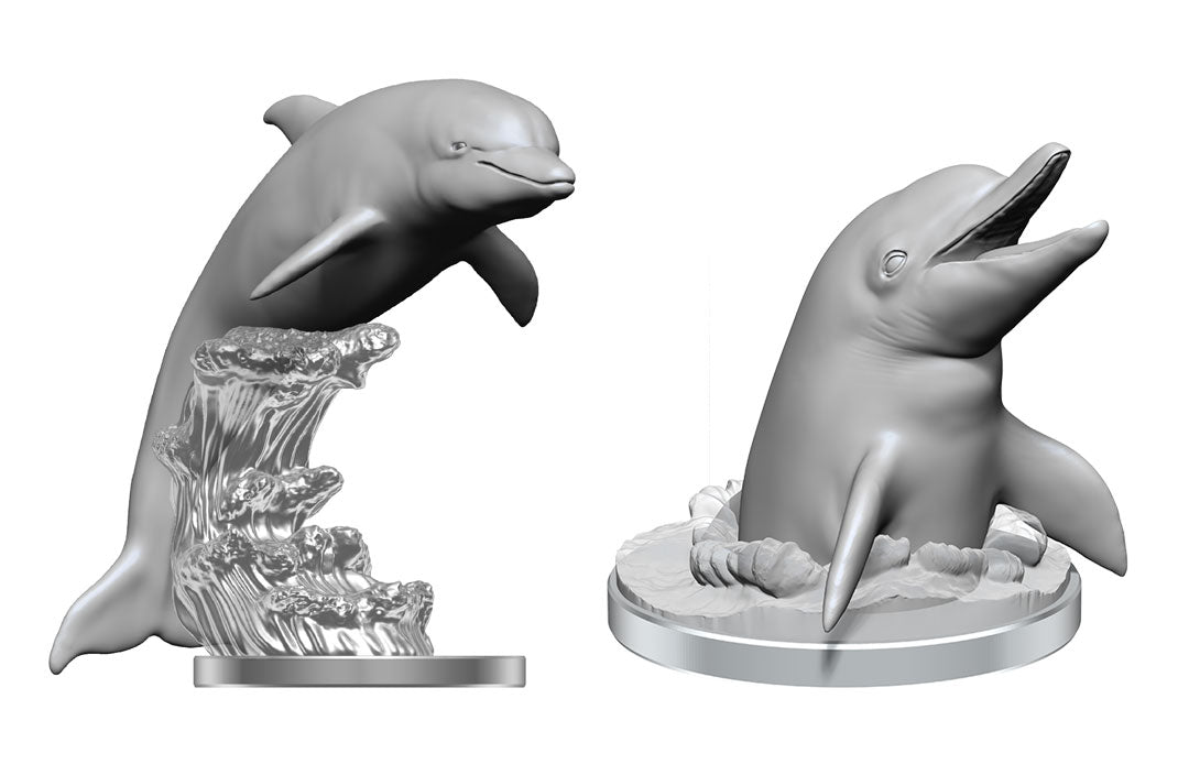 WizKids Deep Cuts Miniatures: Dolphins - Two gray plastic dolphin miniatures, one leaping with water splash base, the other sitting upright on round base.