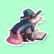 A sticker depicting a cartoon possum wearing a wizard's hat and coat, holding a book and a quill, designed for use on laptops, journals, or water bottles.