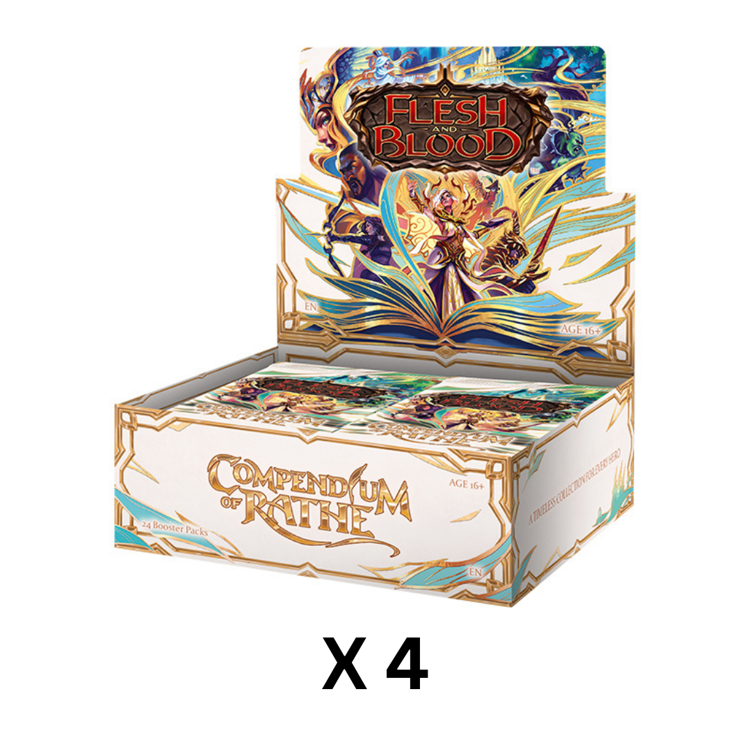 Flesh and Blood TCG: Compendium of Rathe - Case - Compendium of Rathe booster packs with colorful fantasy artwork on cards and backdrop.