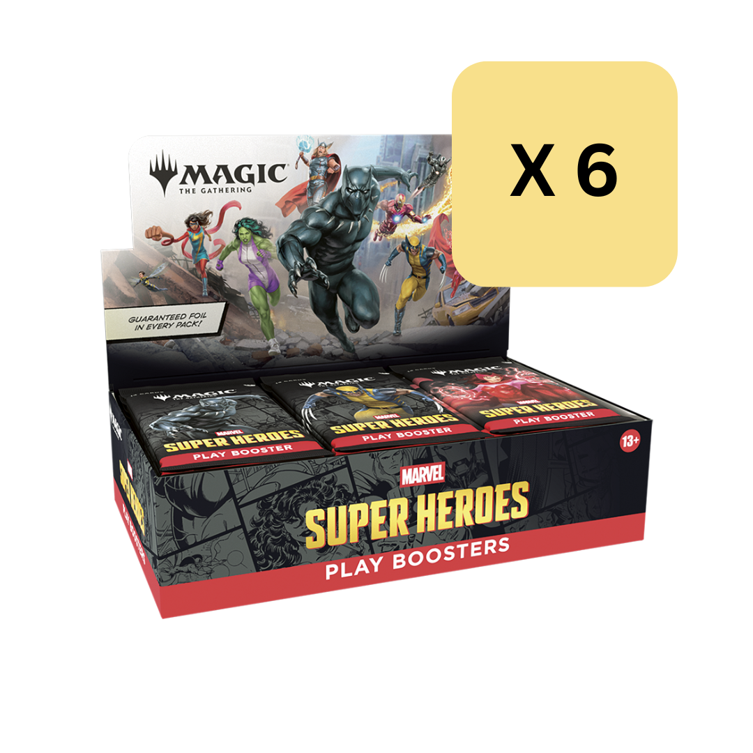Magic: The Gathering - Marvel Super Heroes - Play Booster Box Case - The Gathering Marvel Super Heroes play booster box case with comic art, holding six booster packs.