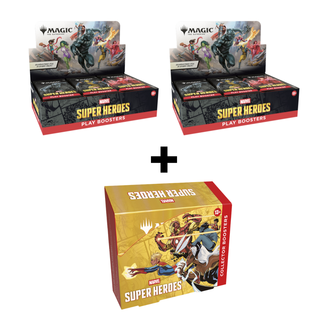 Magic: The Gathering - Marvel Super Heroes - 2x Play 1x Collector Bundle - The Gathering Marvel Super Heroes play booster boxes with black and comic-style artwork, plus one yellow collector booster.
