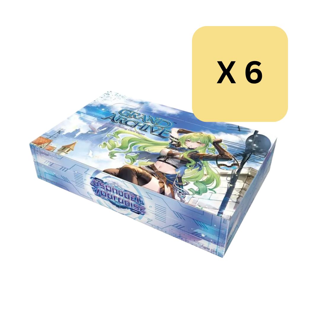 Grand Archive TCG: .asphodel/paradise 1st Edition Booster Box Case - Blue and white rectangular booster box featuring anime-style fantasy artwork and "Grand Archive" text, pack of six.
