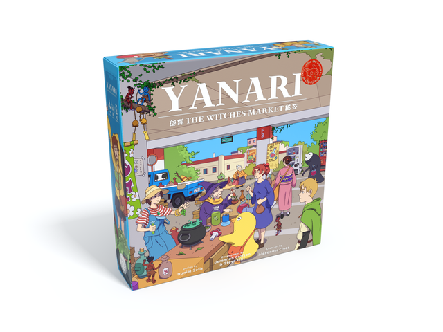 Yanari: The Witches Market (An Obojima Board Game) - Colorful board game box featuring a whimsical market scene with witches and mystical creatures under a bright blue sky.