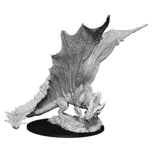 D&D Nolzur's Marvelous Miniatures: Young Gold Dragon - Unpainted resin miniature of a young dragon with detailed scales, large wings, and a crouched pose on a round base.
