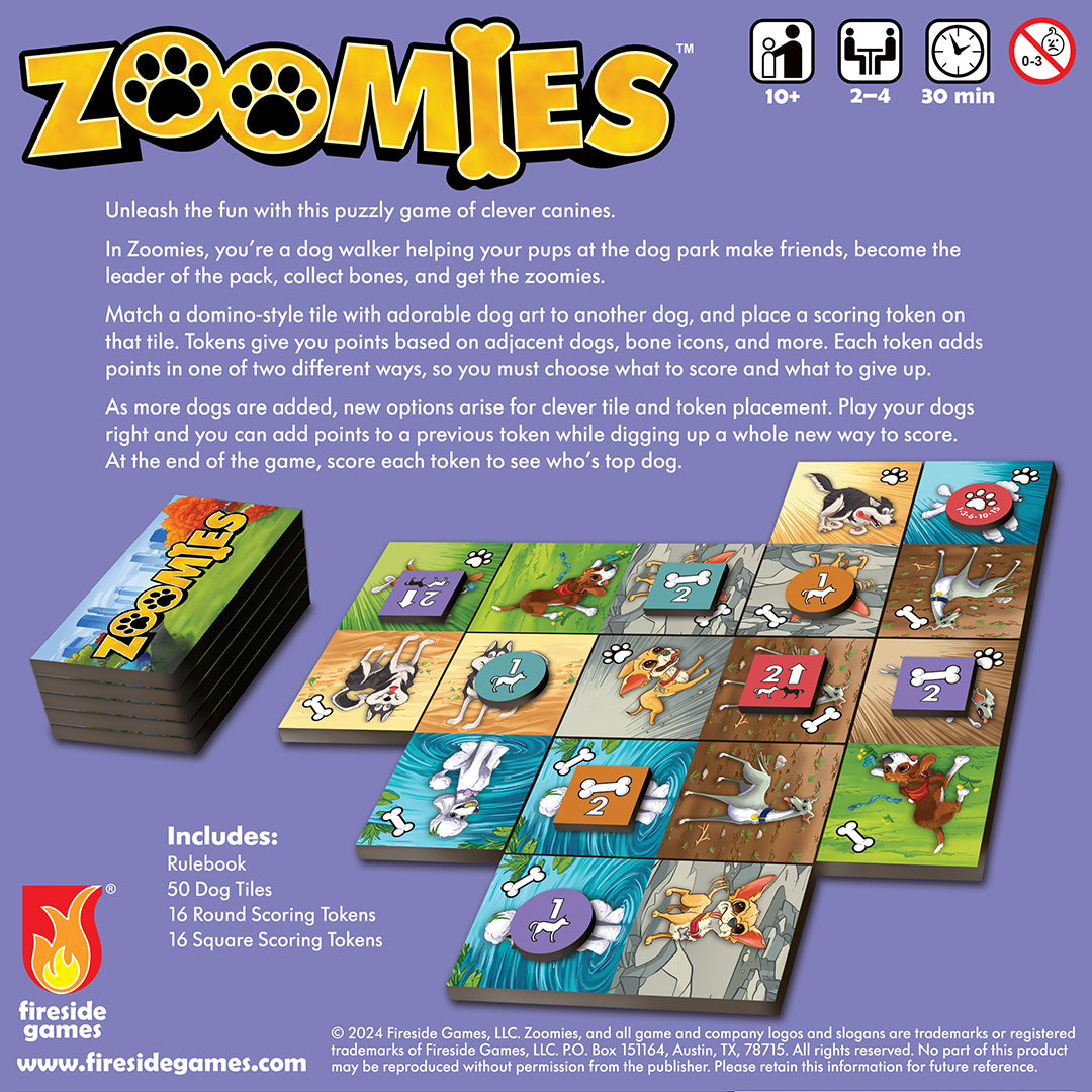 Zoomies - Zoomies family board game with colorful animal cards, a purple drawstring bag, and illustrated game tiles on a green playing