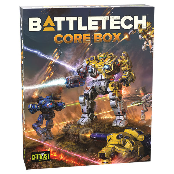 BattleTech: Core Box (PREORDER) - BattleTech Core Box with illustrated combat mechs firing lasers on a fiery battlefield background.