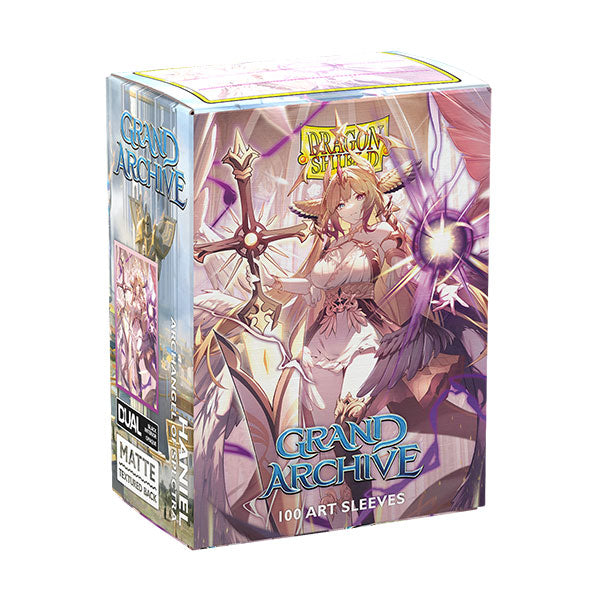 Dragon Shield Dual Matte Art Sleeves: Grand Archive - Haniel, Archangel of Spectra (PREORDER) - Box of Dragon Shield Dual Matte card sleeves featuring purple and gold angelic warrior artwork with glowing orbs, labeled.