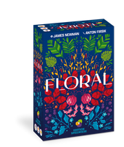 Floral - Compact game box with colorful floral illustrations in red, pink, green, and blue on a dark blue background, titled Floral.