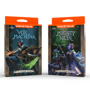 UniVersus: Challenger Series: Critical Role: Vox Machina/Mighty Nein - Two UniVersus Challenger Series card game boxes featuring Critical Role themes; one with blue-toned Vox Machina characters,.