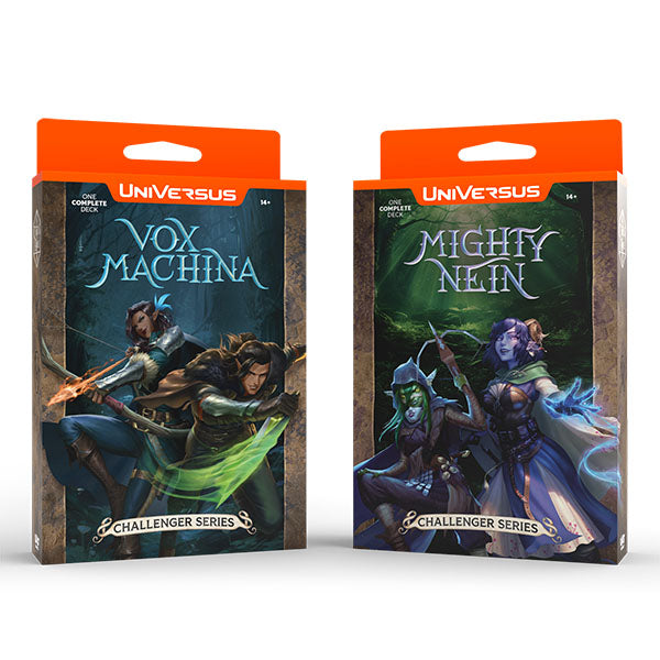 UniVersus: Challenger Series: Critical Role: Vox Machina/Mighty Nein - Two UniVersus Challenger Series card game boxes featuring Critical Role themes; one with blue-toned Vox Machina characters,.