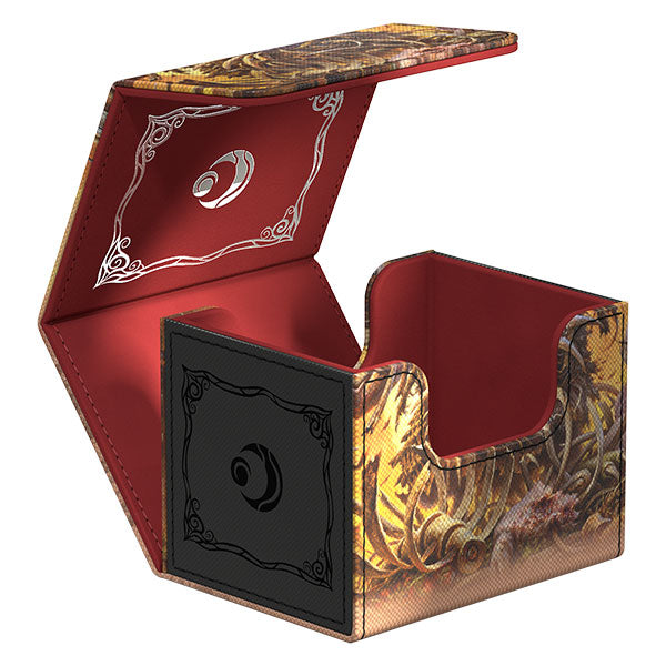 Ultimate Guard Sidewinder 100+ Xenoskin Deckcase: Lorwyn Eclipsed - Gristle Glutton - Compact card deck box with detailed fantasy art in earthy tones, red interior, and black decorative card holder panel.