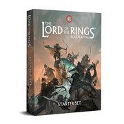 The Lord of the Rings RPG: Starter Set (D&D 5e) - The Lord of the Rings RPG Starter Set box featuring fantasy art of armored warriors battling on a misty battlefield, with.