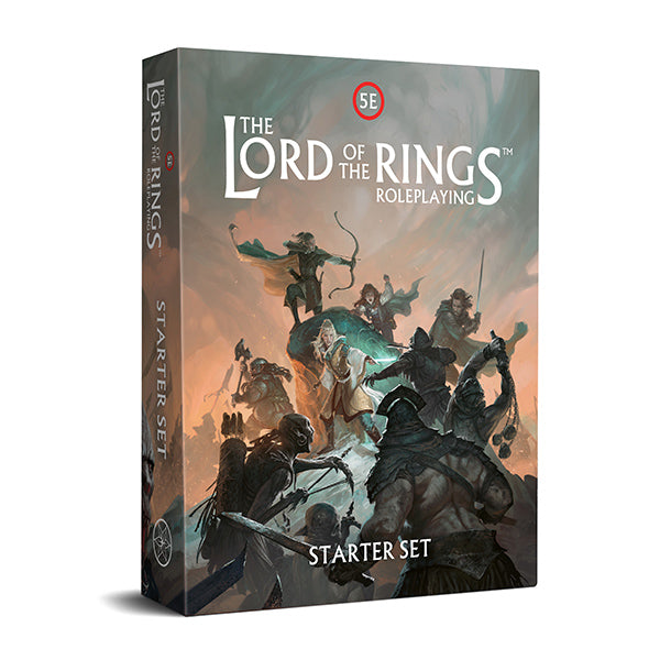 The Lord of the Rings RPG: Starter Set (D&D 5e) - The Lord of the Rings RPG Starter Set box featuring fantasy art of armored warriors battling on a misty battlefield, with.