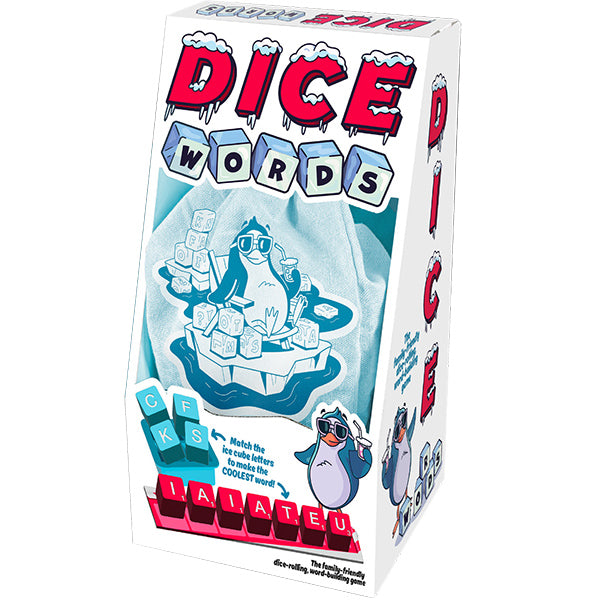 Dice Words - White rectangular box with colorful dice and a cartoon penguin, labeled "Dice Words" in bold letters.